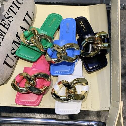Women Square Toe Slippers Flats Shoes 2021 Summer Casual Shoes Slides Outdoor Women Fashion Brand Big Chain Low Heels Slippers