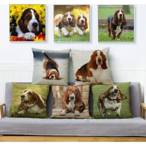 Cute French Basset Hound Dog Throw Pillow Cover 45*45cm Cushion Covers Linen Pillow Case Car Sofa Decor Pet Animal Pillows Case