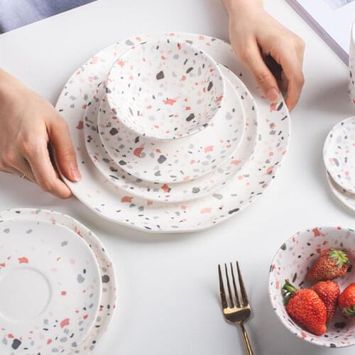 Japanese Style Red Dish Set Home Kitchen Tableware Ceramic Rice Bowl Plate One Person Ins Terrazzo Tablewar