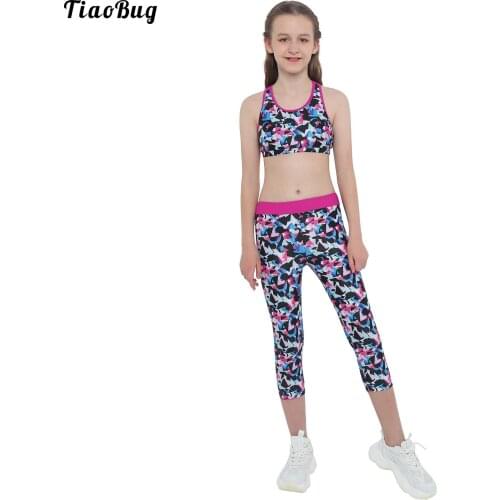 TiaoBug Fashion Summer 2Pcs Kids Girls Sport Suit U Neck Sleeveless Racer Back Tank Top Pants Sets Sportwear Tracksuit