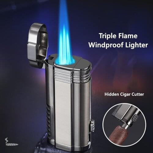 Triple Blue Flame With Concealed Cigar Cutter Windproof Lighter Butane Gas Turbo Cigarette Accessories Gadgets For Men