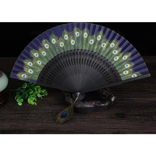 Chinese Style Art Vintage Silk Folding Fan Peacock Pattern Hand Held Fan Dance Hand Fan Home Decoration Ornaments Craft Gift