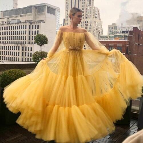 Yellow Beaded Long Sleeves Prom Dresses Off The Shoulder A Line Pleated Evening Gowns Plus Size Sweep Train Tulle Formal Dress