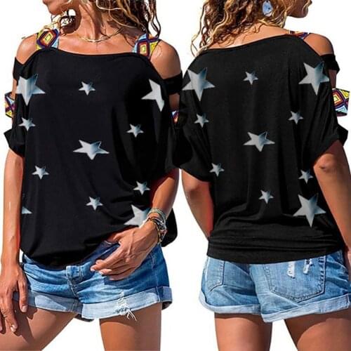Women Sexy Stars Print Hollow Out Short Sleeve Cold Shoulder T-shirt Blouse Short Top Streetwear