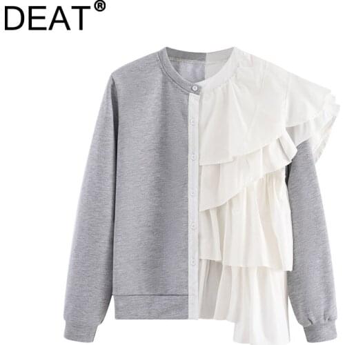 [DEAT] 2021 Autumn New Fashion Tide Tops Long Sleeve Round Neck Splicing Ruffles Loose Casual Sweatshirt Women 13Z1652
