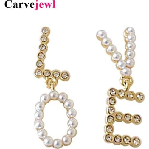 Carvejewl Korean cute design simulated Pearl earrings crystal rhinestone Letter Love Asymmetric Earrings for women girl jewelry