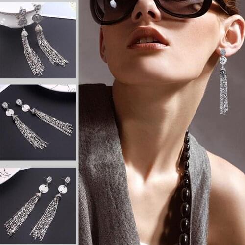 Women Alloy Glass Rhinestone Inlaid Long Tassel Dangle Ear Stud Earrings Jewelry