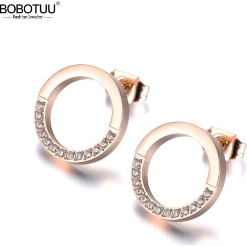 BOBOTUU Trendy Stainless Steel Pave Setting CZ Crystal Circle Wedding Earrings For Women Rose Gold Anniversary Jewelry BE19076
