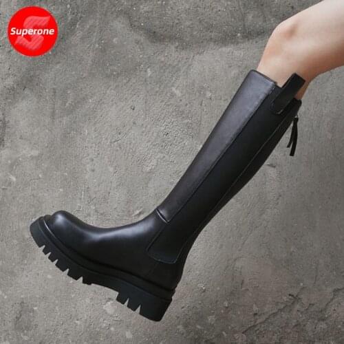 Superone Women Flat Heel Long Boots Real Leather Zipper Woman Winter Shoes Fashion Warm Knee High Boots Women Size 33-42