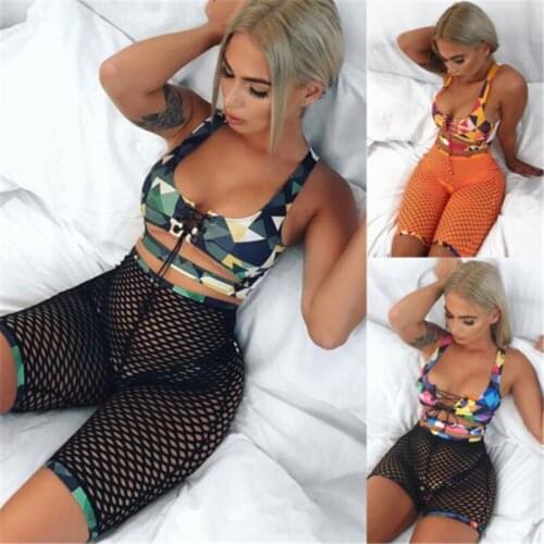 Womens Push-Up Swimsuit Lace up Geometric Pattern Top and Mesh Bottoms 3PCS Set Bathing Suit Bikini Sets