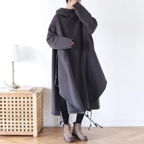 Johnature Women Gray Pullover Hooded Sweatshirts Warm Cloak 2021 Autumn New Women Clothes Terry Vintage Long Hoodies