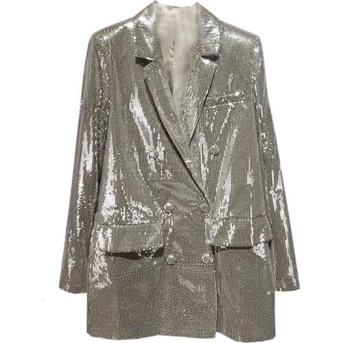 SeeBeautiful New Fashion 2020 Autumn Winter Sequin Notched Long Sleeve Double Breasted Pockets Loose Coat Single Suit Woman Q579