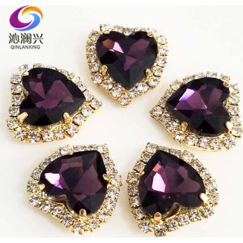 Free shipping Gold bottom Deep purple heart shape Crystal glass buckle,sew on rhinestones for Diy/jewelry accessories SWHK17
