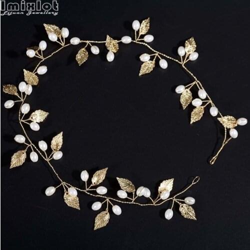 Handmade Gold Bridal Headbands Hair Jewelry Simulated Pearl Leaf Bride Tiaras Headpiece Wedding Hair Accessories Women Ornaments