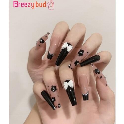 24pcs French False Nails Bowknot Pearl Flower Fake Nails With Glue Press on Fake Nail UV Gel Fingernails Nail Art Tool