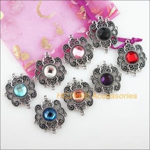 8 New Flower Charms Tibetan Silver Tone Retro Mixed Crystal Connectors 27.5x31.5mm