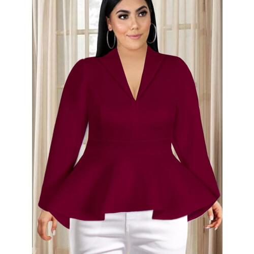 Plus Size Women Tops Sexy V Neck Long Sleeve Peplum High Waist Autumn Winter Fashion Blouses XXXL Office Lady Daily Party Blouse
