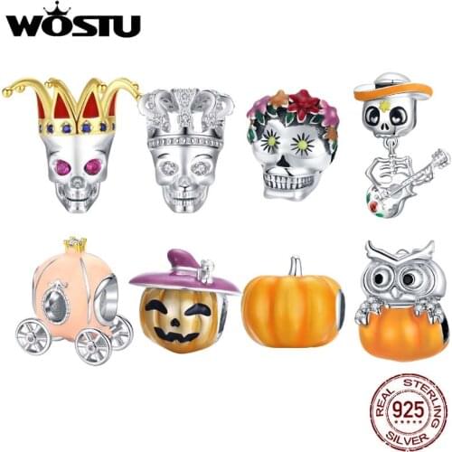 WOSTU 925 Sterling Silver Halloween Pumpkin Car Skull Skeleton Owl Charm Charm Beads Fit Original Bracelet DIY Jewelry