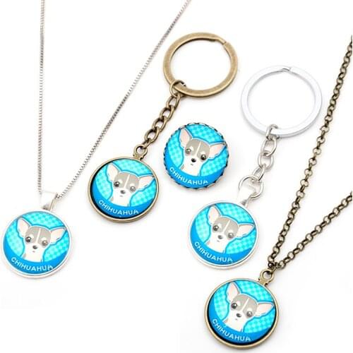 DIY Pet Dogs Jewelry Sets Necklace Key Chain Brooch For Women and Men Colorful Chihuahua Husky Puppy Necklace Set for Boys Girls