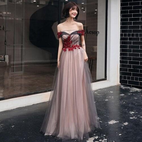 Long Prom Dress Off the shoulder A Line Floor Length Applique Tulle Party Dresses Sexy 2020