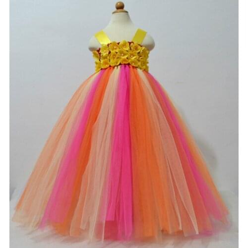 Multicolor Girls Flowers Crochet Long Tutu Dress Kids Handmade Fluffy Tulle Ball Gown with Ribbon Bow Children Cheap Party Dress