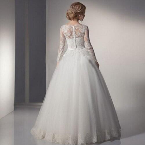 Elegant long sleeves with lace wedding dress New style Zipper back with button Lace skirt Belt with pattern wedding gown