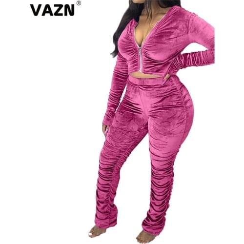 VAZN S-XXXL Chic 2020 sexy lady warm 4 colors long set full sleeve zipper fly hooded top skinny pant set velour soid pleated set