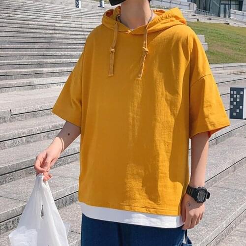 Harajuku Wind Short-sleeved Hoodie Man Hooded Summer Hong Kong Style T-shirt Half Sleeve Fake Two Piece TShirt Oversized Tshirt