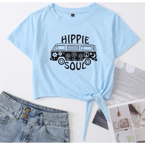 Hippie Soul Hippie Bus Knotted Crop Top Shirt Womens Summer Short Sleeve Cotton T-Shirt Cropped Tops Graphic Tee Front Tie Knot