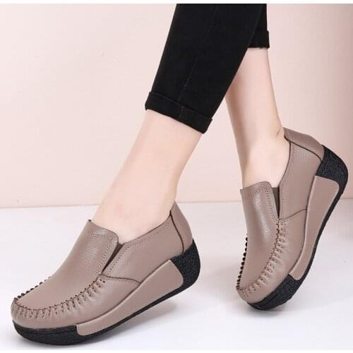 Genuine Leather Loafers For Women Slip-on Flat Shoes Platform Sneakers Light 4 Colors Ladies Height Increasing Thick Soles Flats