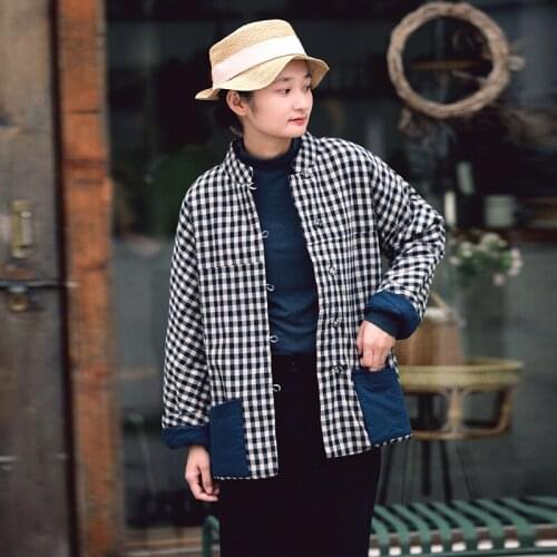 Johnature Retro Plaid Patchwork Pocket Warm Thick Coat 2021 Autumn Winter New Cotton Linen Comfortable All-match Women Jacket