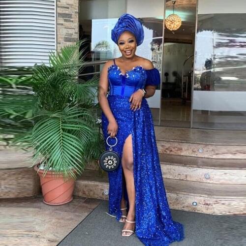 Royal Blue Aso Ebi Prom Dresses One Shoulder Front Slit Mermaid Evening Dress Flower Sequins Plus Size Women Long Party Vestidos