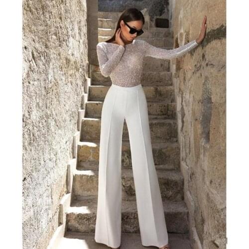 New Jumpsuit Wedding Dresses Sheath Jewel Neck Bling Bling Sequins Long Sleeve Bridal Gowns Wedding Dress Vestidos