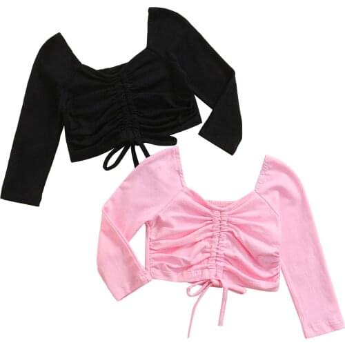 New Little Kids Baby Girls Front Drawstring T-Shirts, Casual Long Sleeve V Neck Solid Color Ruched Tops 1-6T