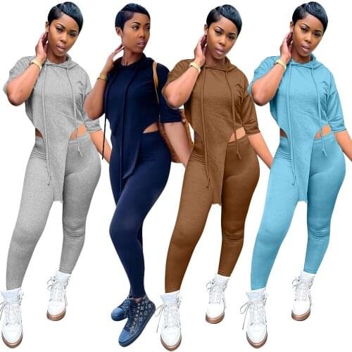 Solid Color Casaul Hooded Tracksuit Women Sportsuit Half Sleeve Asymmetrical Top and Long Pants Fitness Active Two Piece Set