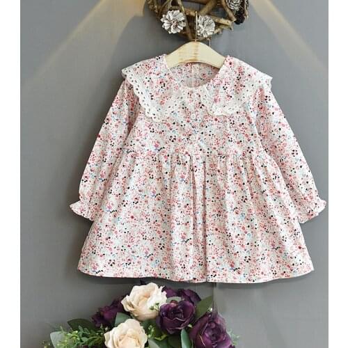 Spring Autumn Girls' Dress Pastoral Lace Lapel Flora Long Sleeve Sweet Princess Dress Korean Style Baby Kids ChildrenS Clothing