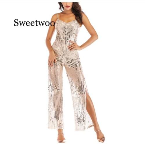Sexy Sequined jumpsuit Tube top Strapless shoulder Split Casual jumpsuits Mesh Perspective Sling Sexy Rompers