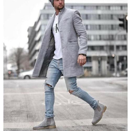 Woolen Trench Coat Mens Mid-Length Spring and Autumn Slim Fashion Coat