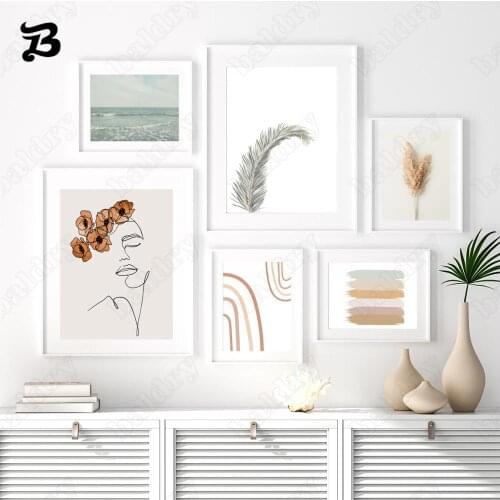 Modern Seascape Wall Pictures Lines Flowers Sexy Woman Abstract Prints Rainbow Sun Poster Canvas Painting for Living Room Decor