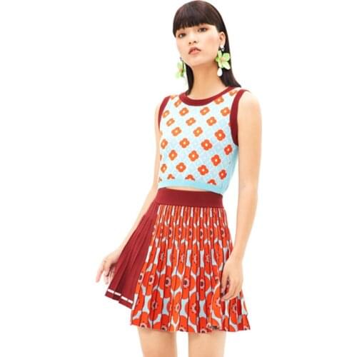 Knit Two Piece Set Women Crop Top and Skirt Set Summer 2021 Contrast Jacquard Knit Cropped Tank Top + Asymmetrical Mini Skirt