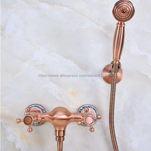 Bathroom Rainfall Hand Shower Faucet Set Mixer Tap With Hand Sprayer Wall Mounted Antique Red Copper Nna294