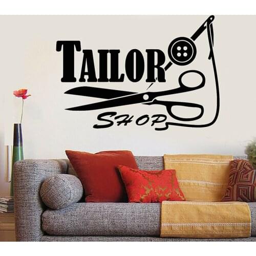 Vinyl Wall Decal Tailor Shop Logo Threads Needle Scissors Wall Stickers Sewing studio Window Decor Removable Wallpaper C048