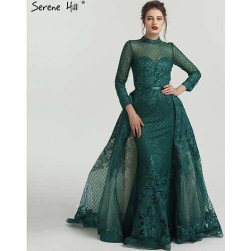 Green Long Sleeves High Collar Evening Dresses 2021 Appliques Sequined Fashion Luxury Sparkle Mermaid Evening Gowns LA6542