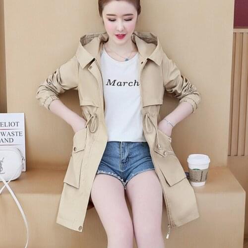 #6001 Khaki Blue Green Korean Style Trench Coat For Women Adjustable Waist Windbreaker Jacket Slim Casual Woman Coats With Hood