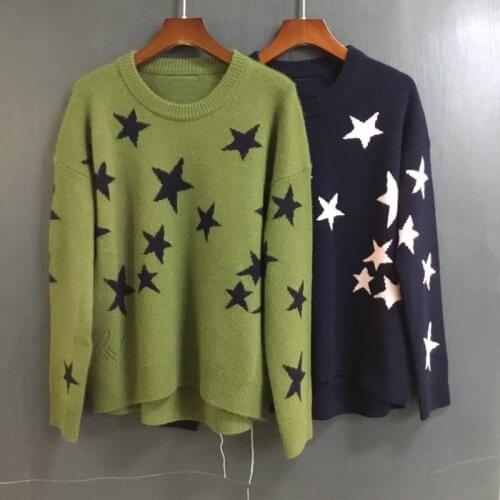 Women Stars Jacquard Knitted Sweater 100% Cashmere O-Neck Long Sleeve Ladies Knitted Jumper Tops Knitwear