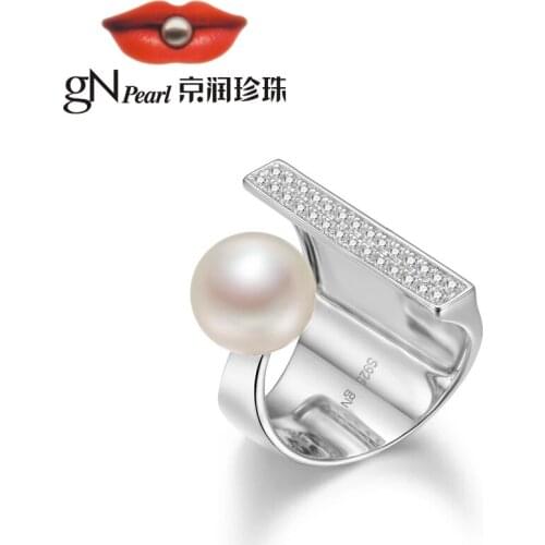 GN Pearl Free Size 925 Sterling Silver Ring Fashion gNPearl 10-11mm Real White Freshwater Pearl Rings Jewelry for Women Gift