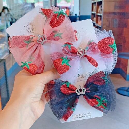 12pcs/lot Shining Glitter Strawberry Mesh Hair Bows Rhinestones Crown Princess Hair Clips for Girls Kids Hairpin Accessories