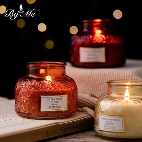 1PCS Embossed Glass with Stainless Steel Cover Scented Candle Smokeless Plant Soybean Candle for Wedding Party Decoration