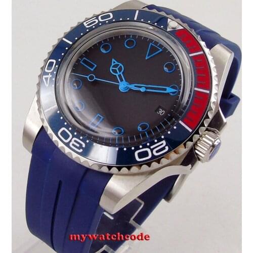 40mm BLIGER black sterile dial Date Window blue bezel MIYOTA 8215 automatic Movement Rubber Strap men watch Relogio Masculino