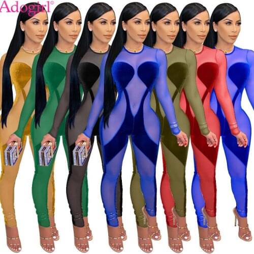 Adogirl Sheer Mesh Velvet Patchwork Jumpsuit S-4XL Sexy Long Sleeve Skinny See Through Romper Club Autumn Outdoor One Piece